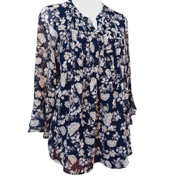 CHARTER CLUB Boho‎ Blouse Peasant Top S Flowy Pin Tucks Floral Cottagecore Blue - Picture 6 of 9